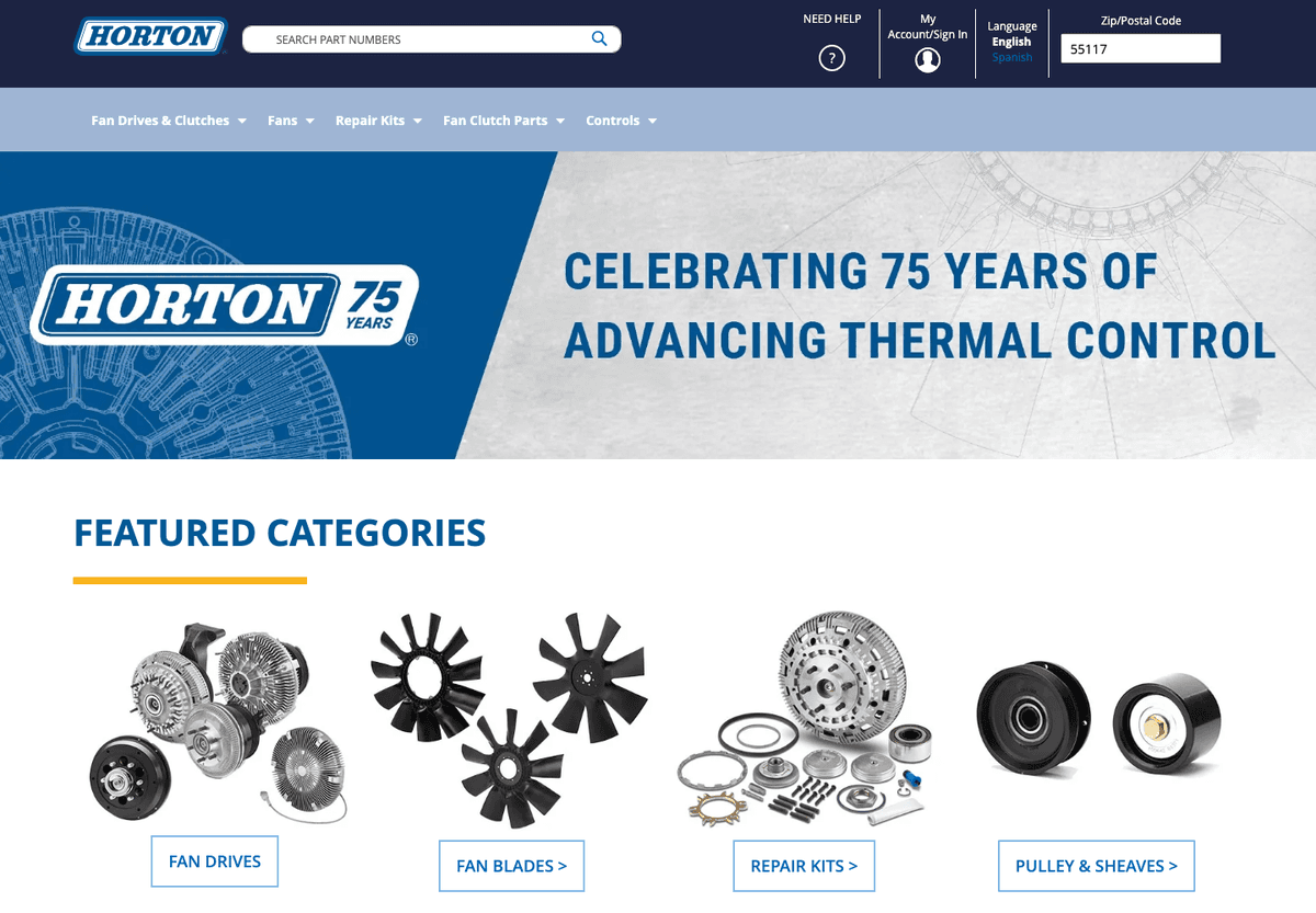 Horton online store: part search, merchandised categories, and direct ordering