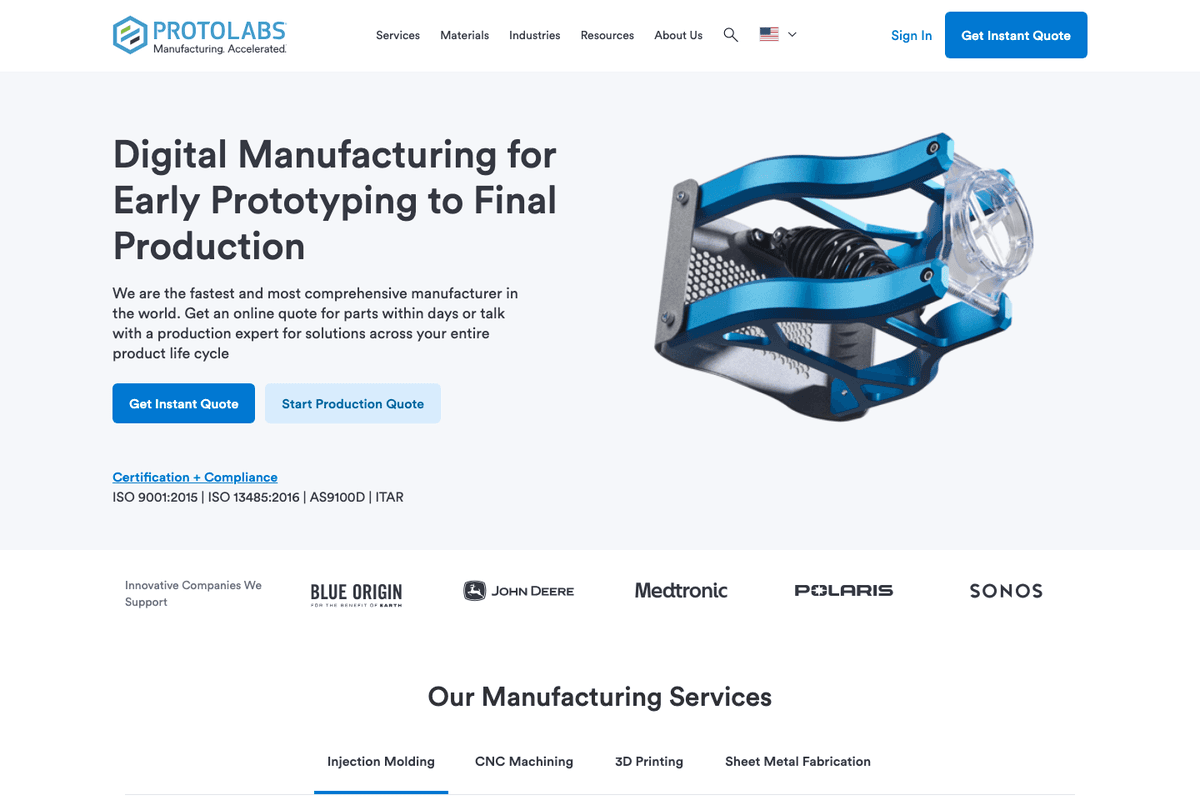 Protolabs website: digital manufacturing platform with instant quoting